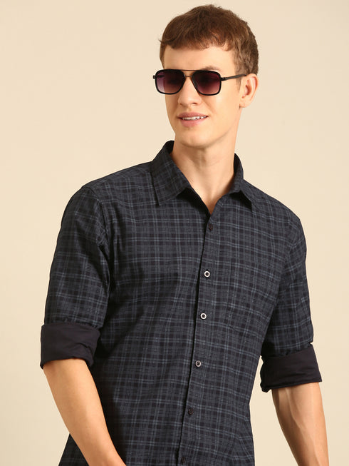 Dark Blue Checked Full Sleeve Casual Shirt